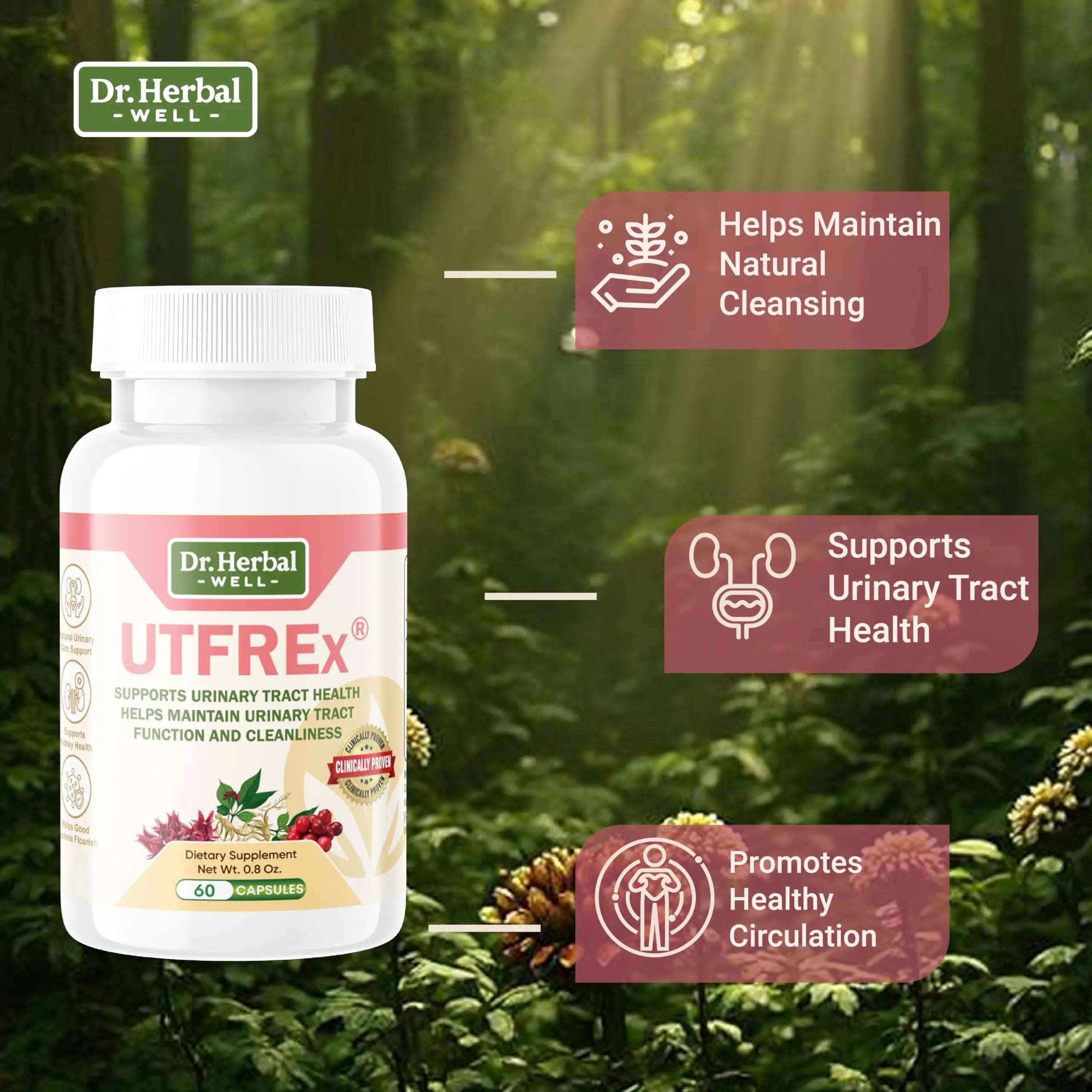 DR. HERBAL WELL UTFREX Clinically Proven Urinary Tract UTI Health Supplement Natural Support Cleanse Flush Protect (No Probiotics & D-Mannose) – 60 Capsules DR. HERBAL WELLBuy Supplements Australia
