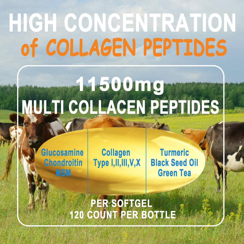 Collagen Peptides Softgels, Multi Collagen Peptide w/ Glucosamine Chondroitin MSM Biotin, Hydrolyzed Collagen Peptides Complex for Women Supports Skin Hair