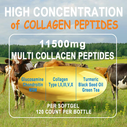 Collagen Peptides Softgels, Multi Collagen Peptide w/ Glucosamine Chondroitin MSM Biotin, Hydrolyzed Collagen Peptides Complex for Women Supports Skin Hair