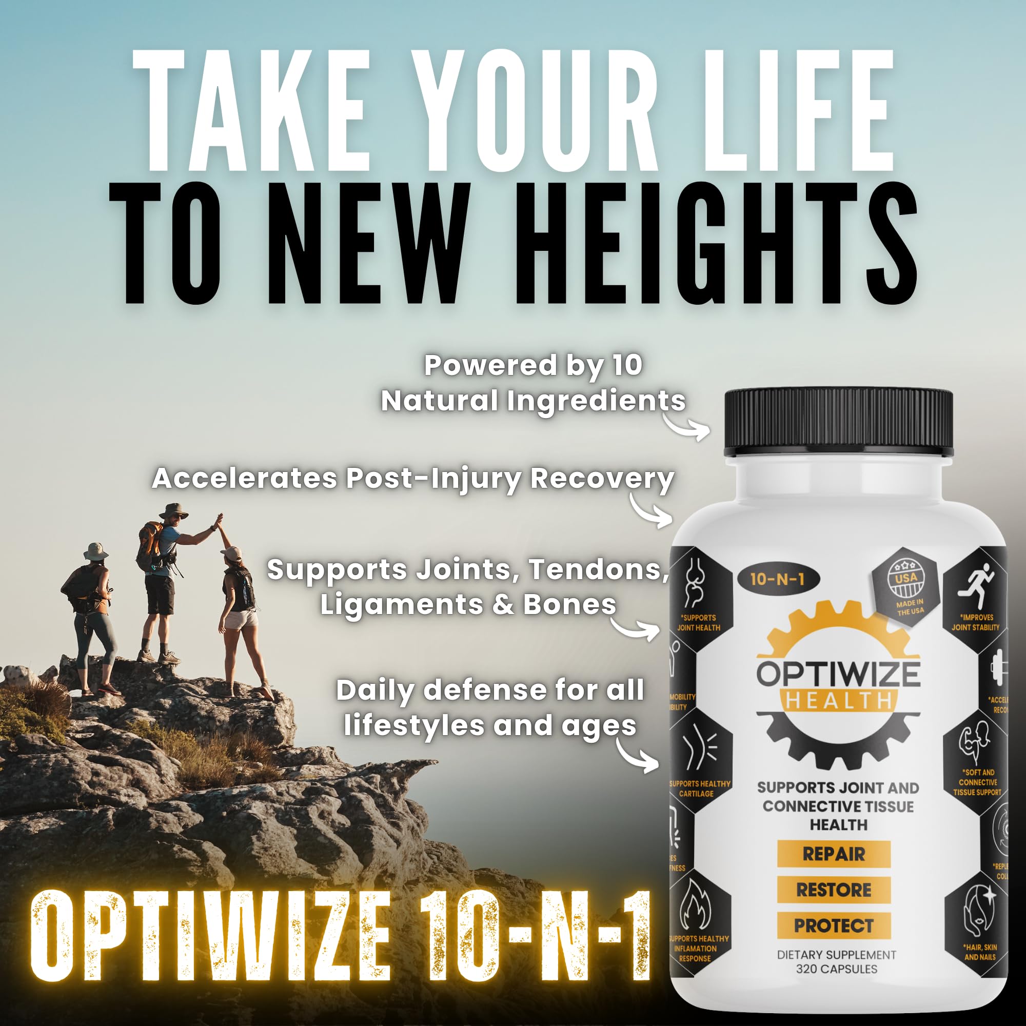 OptiWize 10-N-1 Joint Support Hydrolyzed Collagen,MSM, Hyaluronic Acid, Glucosamine,Chondroitin & More- Targets Joint Discomfort, Improves Mobility & Flexibility 320 Caps for Men & Women Made in USA OptiWizeBuy Supplements Australia