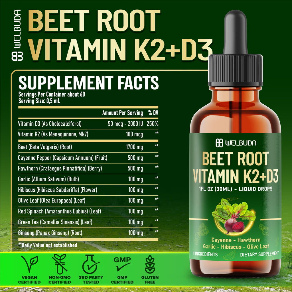 11in1 Beet Root Liquid Supplement - for Support Immune, Energy - with Vitamin D3, Vitamin K2, Hawthorn Berry, Cayenne Pepper, Garlic, Hibiscus, Olive, Red Spinach, Green Tea - 1 FL Oz - 30 Servings WELBUDABuy Supplements Australia