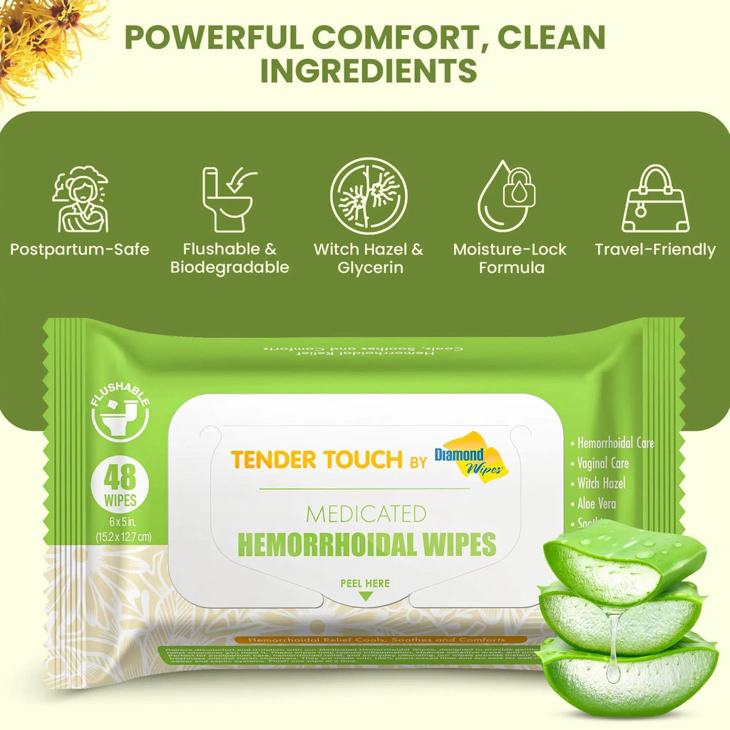 Tender Touch Hemorrhoid Wipes with Witch Hazel and Aloe, Flushable Medicated Wipes for Hemorrhoid and Vaginal Relief - Postpartum-Safe, Fragrance-free, Travel Size, 1 Pack, 48-ct. Diamond WipesBuy Supplements Australia