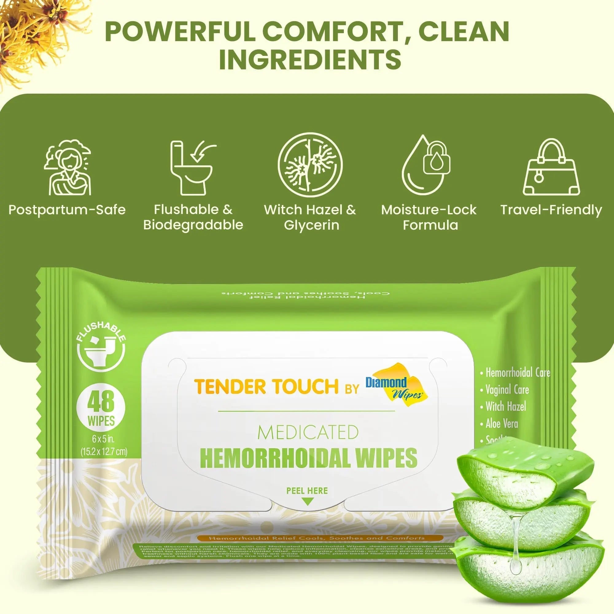 Tender Touch Hemorrhoid Wipes with Witch Hazel and Aloe, Flushable Medicated Wipes for Hemorrhoid and Vaginal Relief - Postpartum-Safe, Fragrance-free, Travel Size, 1 Pack, 48-ct. Diamond WipesBuy Supplements Australia