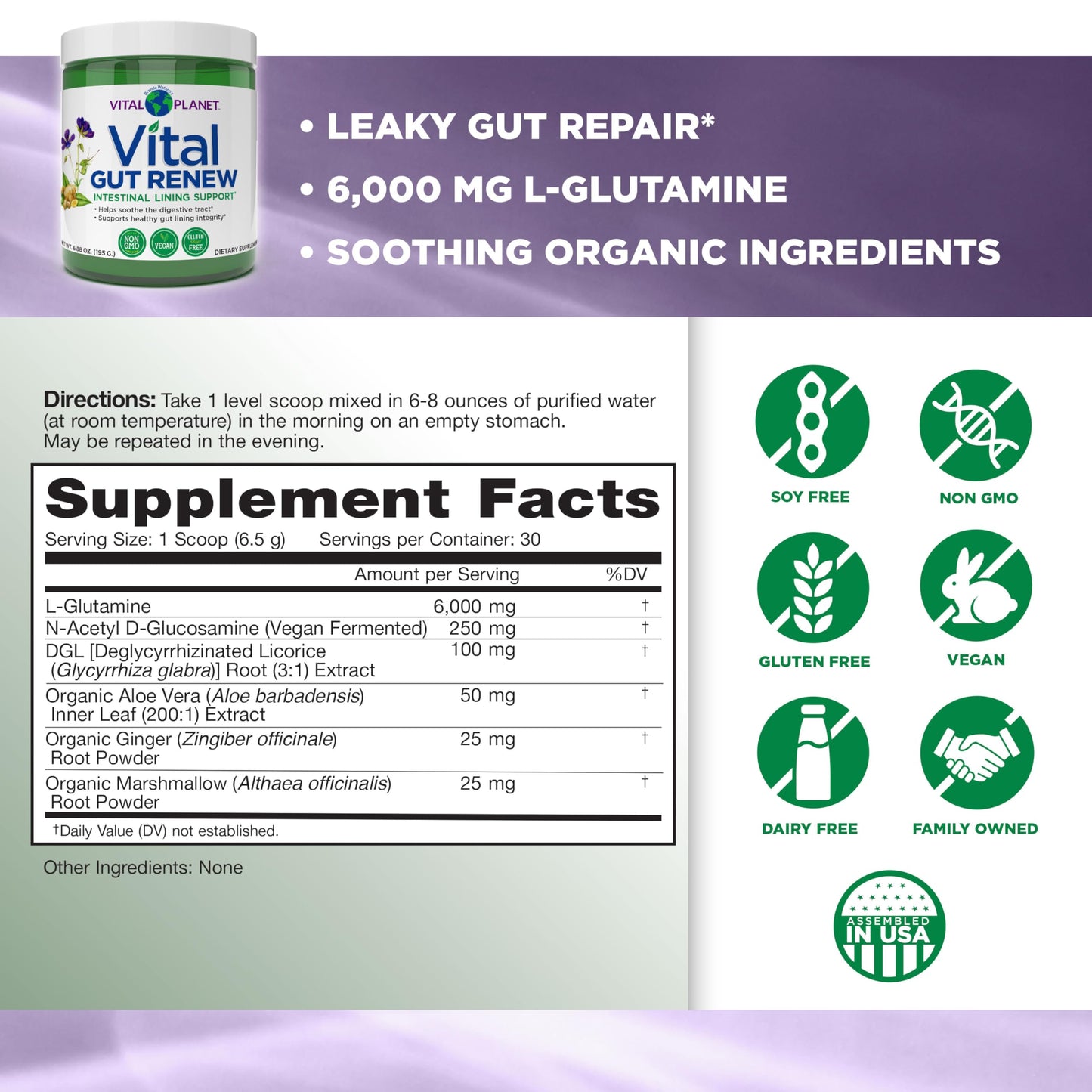 Vital Planet - Vital Gut Renew Powder Supplement for Leaky Gut Repair with L-Glutamine, Marshmallow and Ginger Root, DGL Licorice Root and Organic