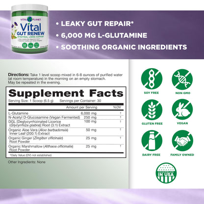 Vital Planet - Vital Gut Renew Powder Supplement for Leaky Gut Repair with L-Glutamine, Marshmallow and Ginger Root, DGL Licorice Root and Organic