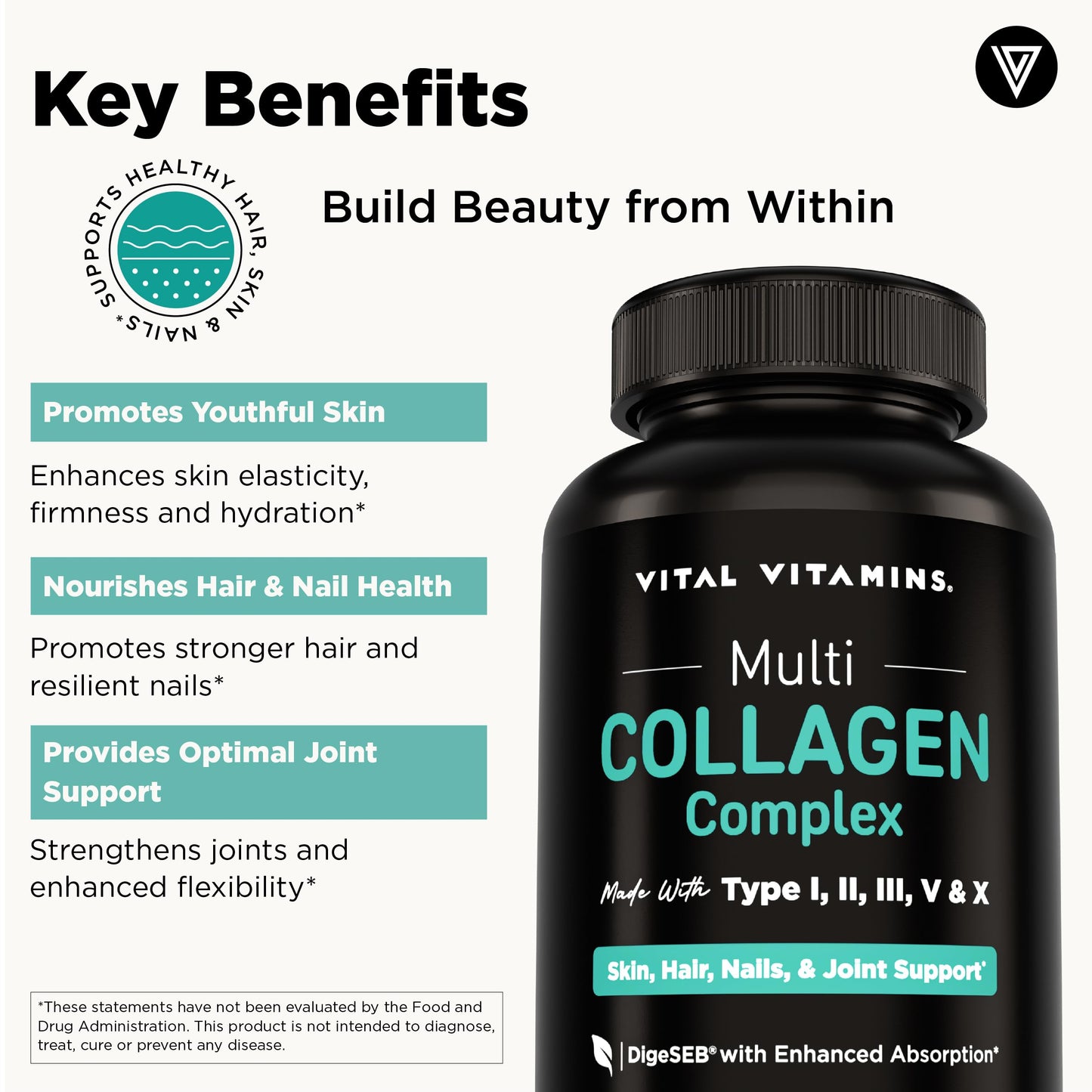 Vital Vitamins Multi Collagen for Women & Men - Type I, II, III, V, X - Grass Fed, Non-GMO - 150 Capsules Vital Vitamins buy supplements Au