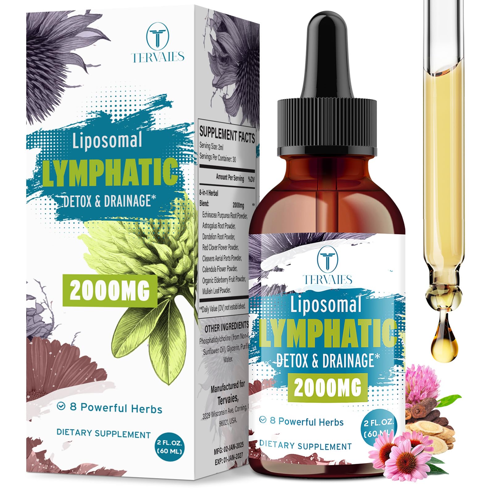 Tervaies Liposomal Lymphatic Drainage Drops 2000mg – Herbal Blend with Elderberry & Echinacea – 2 FL OZ Tervaies buy supplements Au