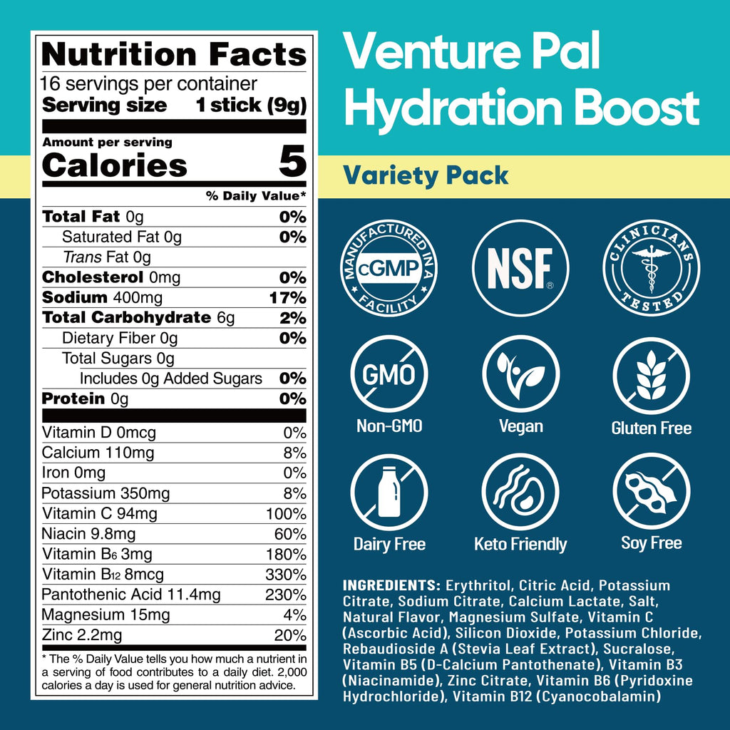Venture Pal Sugar Free Electrolyte Powder Packets - Liquid Daily IV Hydration Packets for Rapid Rehydration | 7 Electrolytes & 5 Vitamins | Keto Friendly