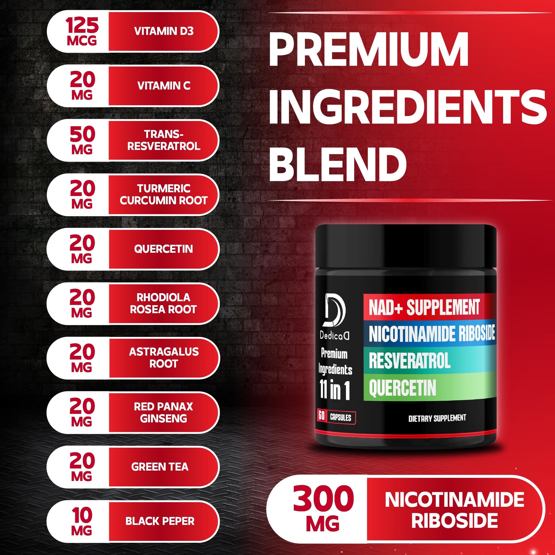 DEDICAD 11in1 NAD Supplement with Nicotinamide Riboside, Quercetin, Resveratrol and 8 More - 2 Month Supply DEDICAD buy supplements Au