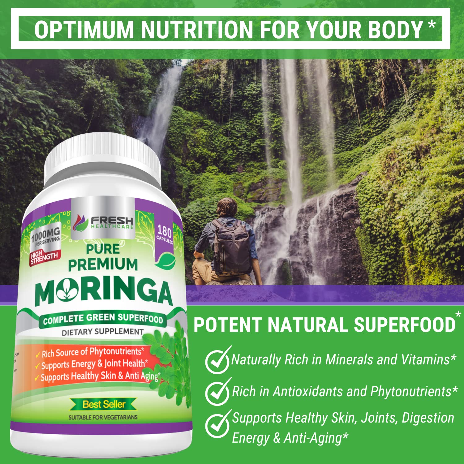 FRESH HEALTHCARE Moringa Capsules – 100% Pure Leaf Powder - 180 Pills, Non-GMO - 3 Month Supply - Complete Green Superfood for Energy