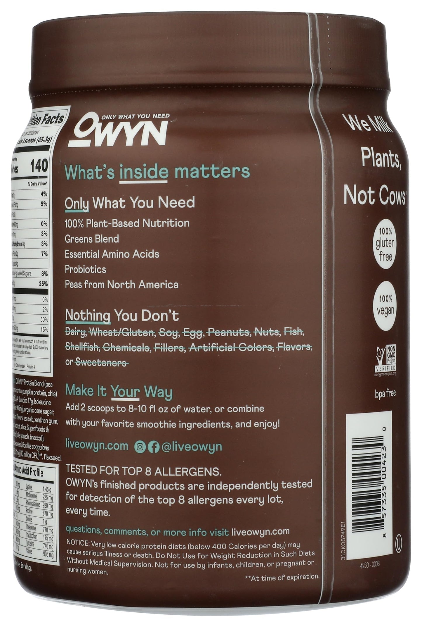 OWYN Only What You Need Plant-Based Protein Powder, Dark Chocolate, 1.17 lbs