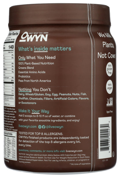 OWYN Only What You Need Plant-Based Protein Powder, Dark Chocolate, 1.17 lbs