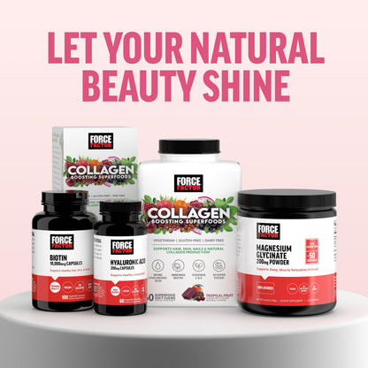 Force Factor Collagen Boosting Superfoods, Vegan Collagen Booster for Women, with Biotin, Hyaluronic Acid, and Vitamin C, for Hair, Skin, Nails, & Joint Support