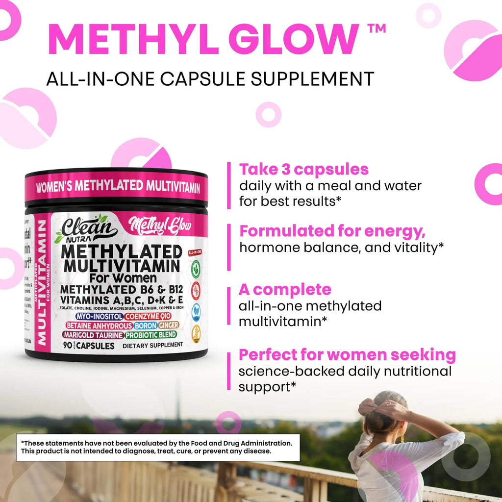 Methylated Multivitamin for Women Vitamins B6 Methyl B12 A B C D K E Folate Choline Omega 3 Thiamine Riboflavin Iron Clean Nutraceuticals