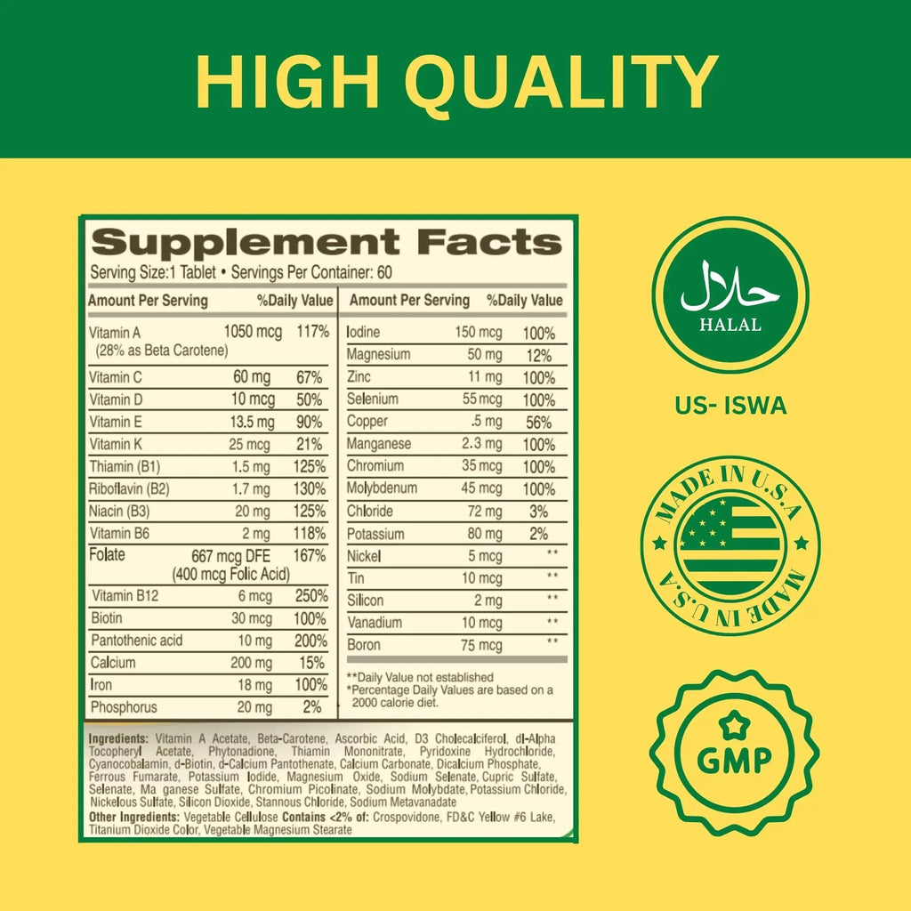 Greenfield Nutritions Halal Multivitamins for Women and Men - 60 Gelatin Free Multivitamin Tablets with 27+ Vitamin Minerals, A, B12, C, D3, Iron and Zinc GREEN FIELD NUTRITIONS