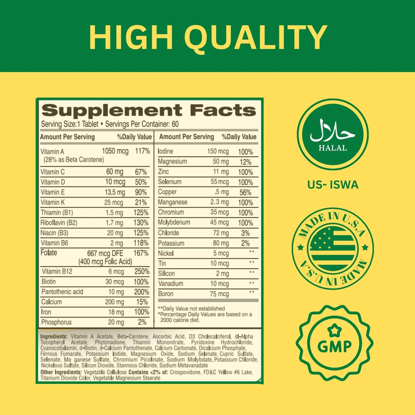 Greenfield Nutritions Halal Multivitamins for Women and Men - 60 Gelatin Free Multivitamin Tablets with 27+ Vitamin Minerals, A, B12, C, D3, Iron and Zinc GREEN FIELD NUTRITIONS