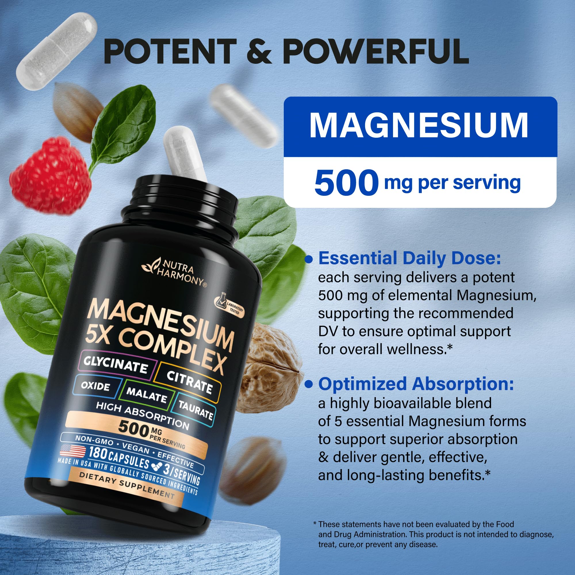 Magnesium Supplement - 5 in 1 Complex | Glycinate | Citrate | Malate | Taurate | Oxide - Made in USA - Stress, Muscle & Heart Support - Vegan, Natural, Non-GMO - 180 Capsules, 2 Month Supply NUTRAHARMONY buy supplements Au