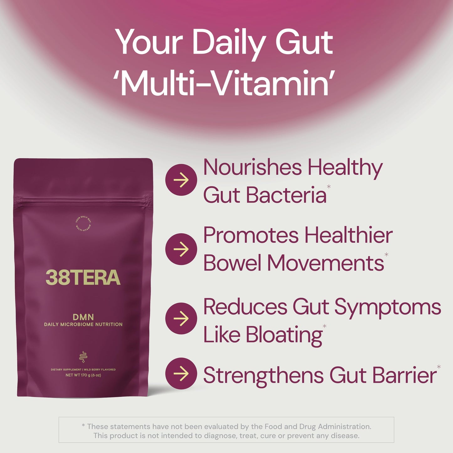38TERA DMN (Daily Microbiome Nutrition), 6 Oz, Plant-Based Fiber Powder with 3 Different Prebiotics, Helps Digestive & Gut Health, Low FODMAP Supplement, Vegan, Wild Berry Flavor, 30 Servings