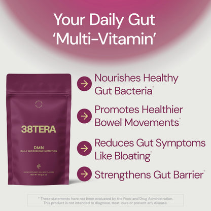 38TERA DMN (Daily Microbiome Nutrition), 6 Oz, Plant-Based Fiber Powder with 3 Different Prebiotics, Helps Digestive & Gut Health, Low FODMAP Supplement, Vegan, Wild Berry Flavor, 30 Servings