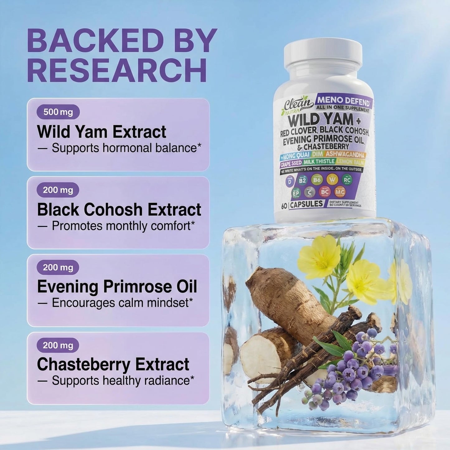 Clean Nutra Wild Yam Root Capsules with Red Clover Black Cohosh Evening Primrose Oil Chasteberry Dong Quai DIM Ashwagandha Grape Seed Extract Milk Thistle Lemon Balm