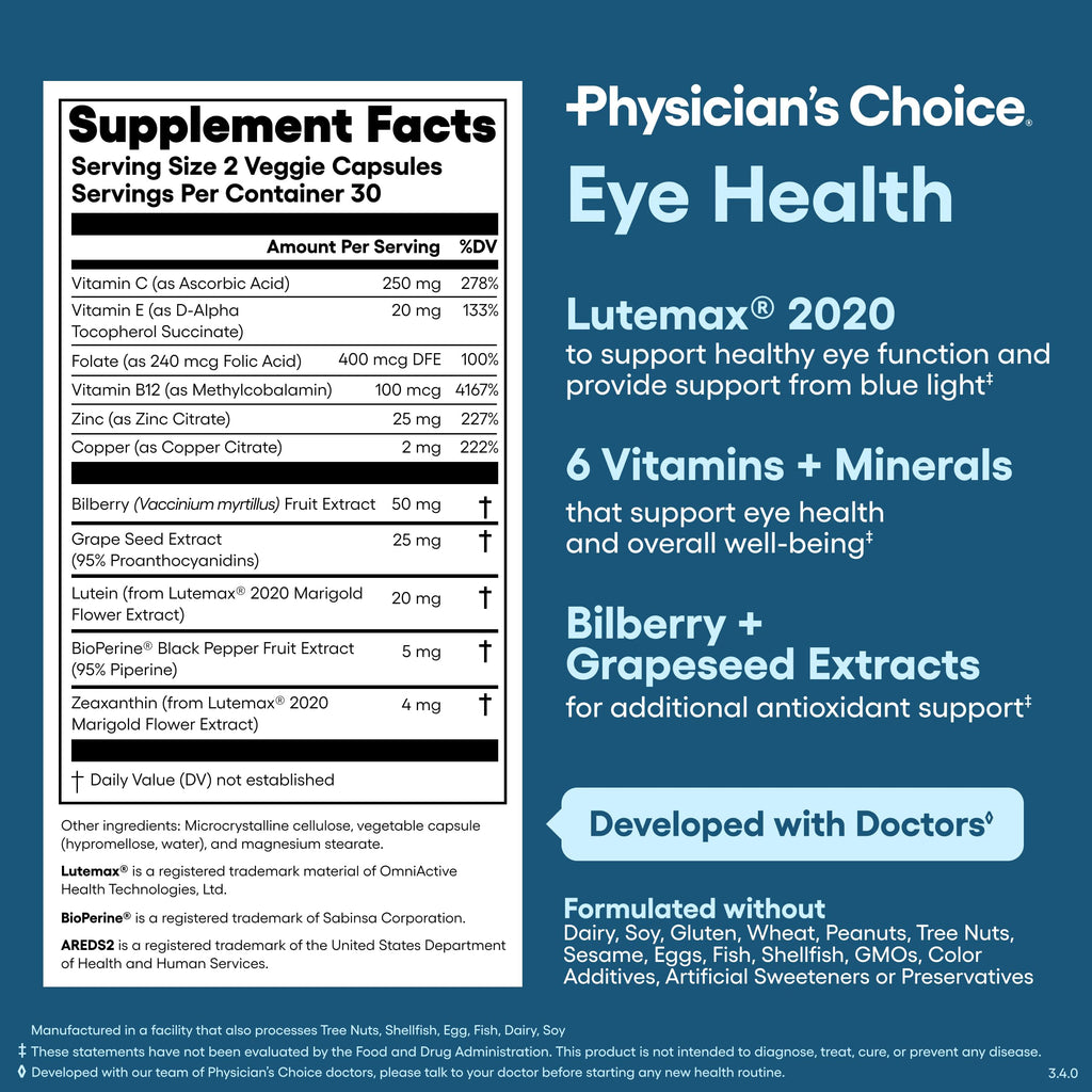 Physician's Choice Eye Health - Lutein, Zeaxanthin & Bilberry Extract - Supports Eye Strain, Dry Eyes, and Vision Health - 2 Award-Winning Clinically Proven Eye Vitamin Ingredients - Carotenoid Blend Physician's CHOICEBuy Supplements Australia