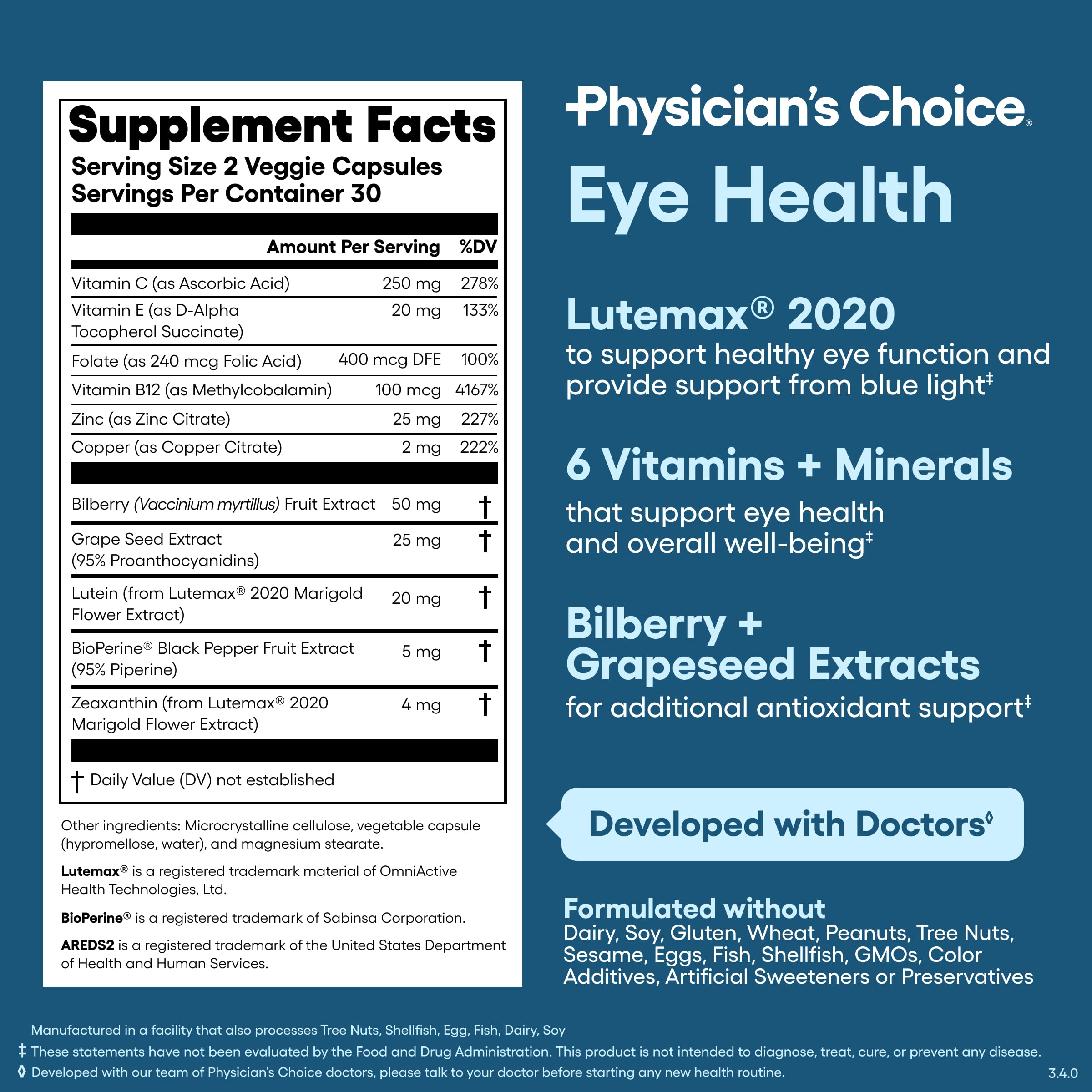 Physician's Choice Eye Health - Lutein, Zeaxanthin & Bilberry Extract - Supports Eye Strain, Dry Eyes, and Vision Health - 2 Award-Winning Clinically Proven Eye Vitamin Ingredients - Carotenoid Blend Physician's CHOICEBuy Supplements Australia