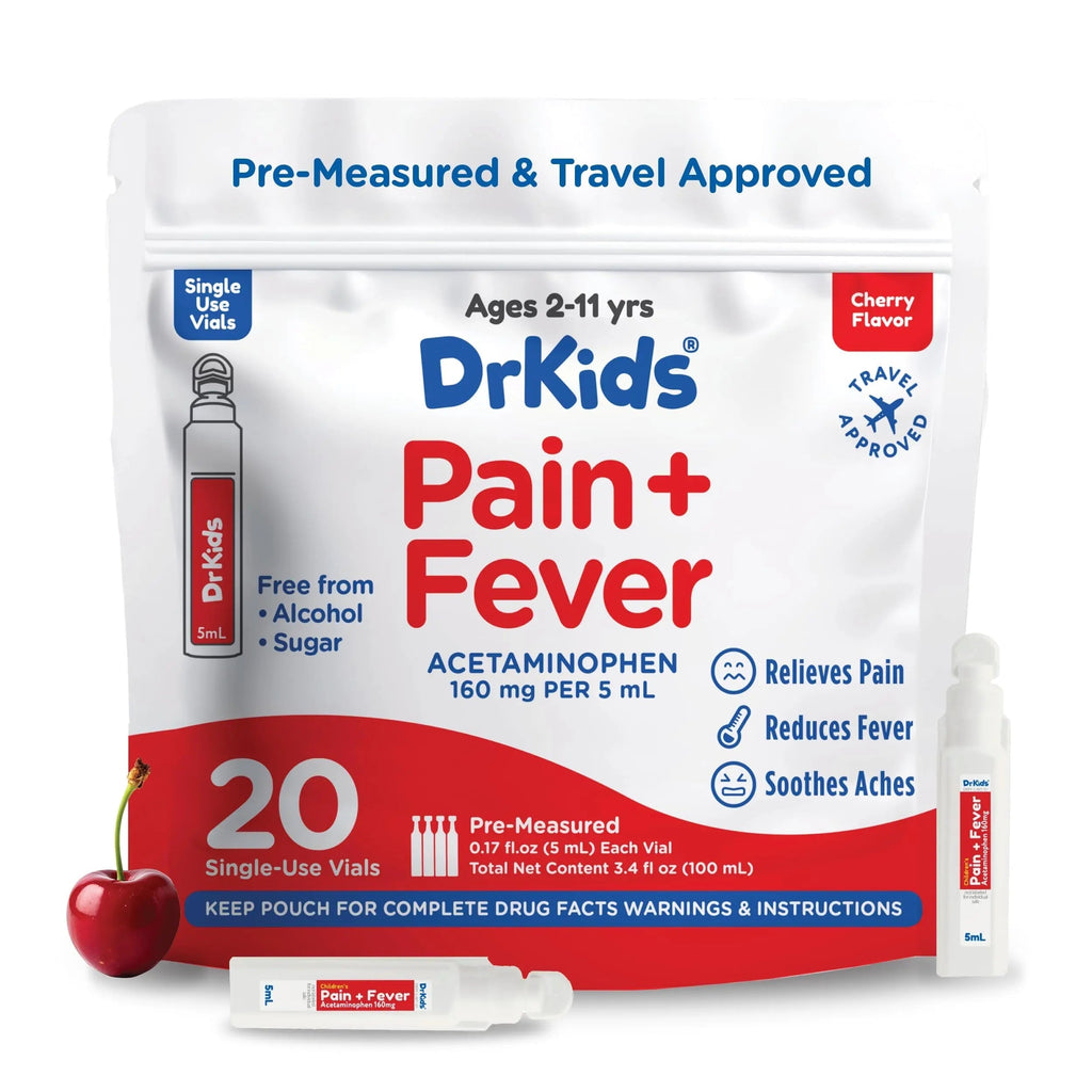 Dr. Kids Children’s Pain and Fever Medicine - Acetaminophen for Kids Ages 2-11, Pre-Measured Single-Use Vials for Headache, Sore Throat, Cold and Flu, Cherry Flavor, 20 Count Dr. KidsBuy Supplements Australia