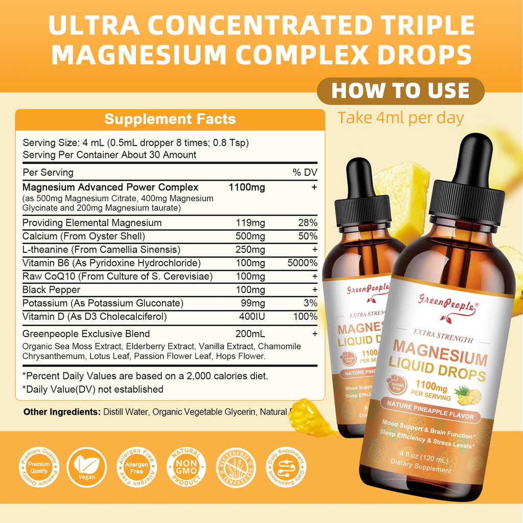 GREENPEOPLE 17-in-1 Triple Magnesium Complex Supplement,Magnesio Liquid Drops with Magnesium Glycinate & Citrate,Pineapple Flavor,Calm Mood,Muscle & Sleep for Adults,4 fl. oz 2Pack GREENPEOPLE buy supplements Au