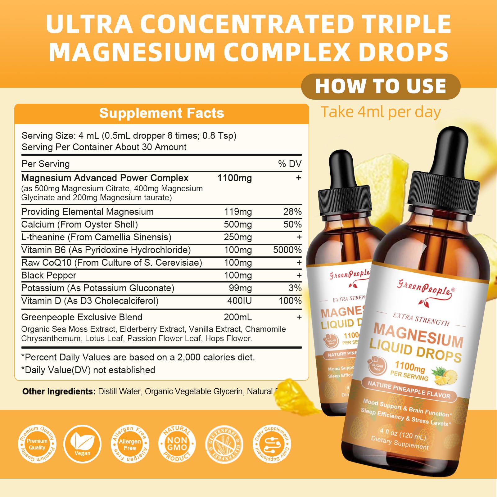 GREENPEOPLE 17-in-1 Triple Magnesium Complex Supplement,Magnesio Liquid Drops with Magnesium Glycinate & Citrate,Pineapple Flavor,Calm Mood,Muscle & Sleep for Adults,4 fl. oz 2Pack GREENPEOPLE buy supplements Au