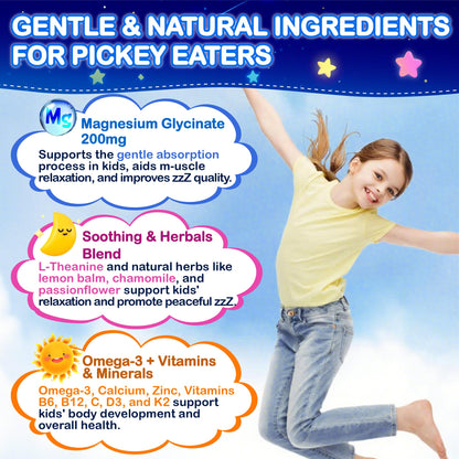 Kids Magnesium Glycinate Gummies - Magnesium Glycinate Supplement 200mg with L-theanine Omega-3 Calcium Vitamin D3 & B12 for Kids Natural Zzz at Bedtime & Overall Health - Sugar Free & Non-GMO EdmmyliyBuy Supplements Australia