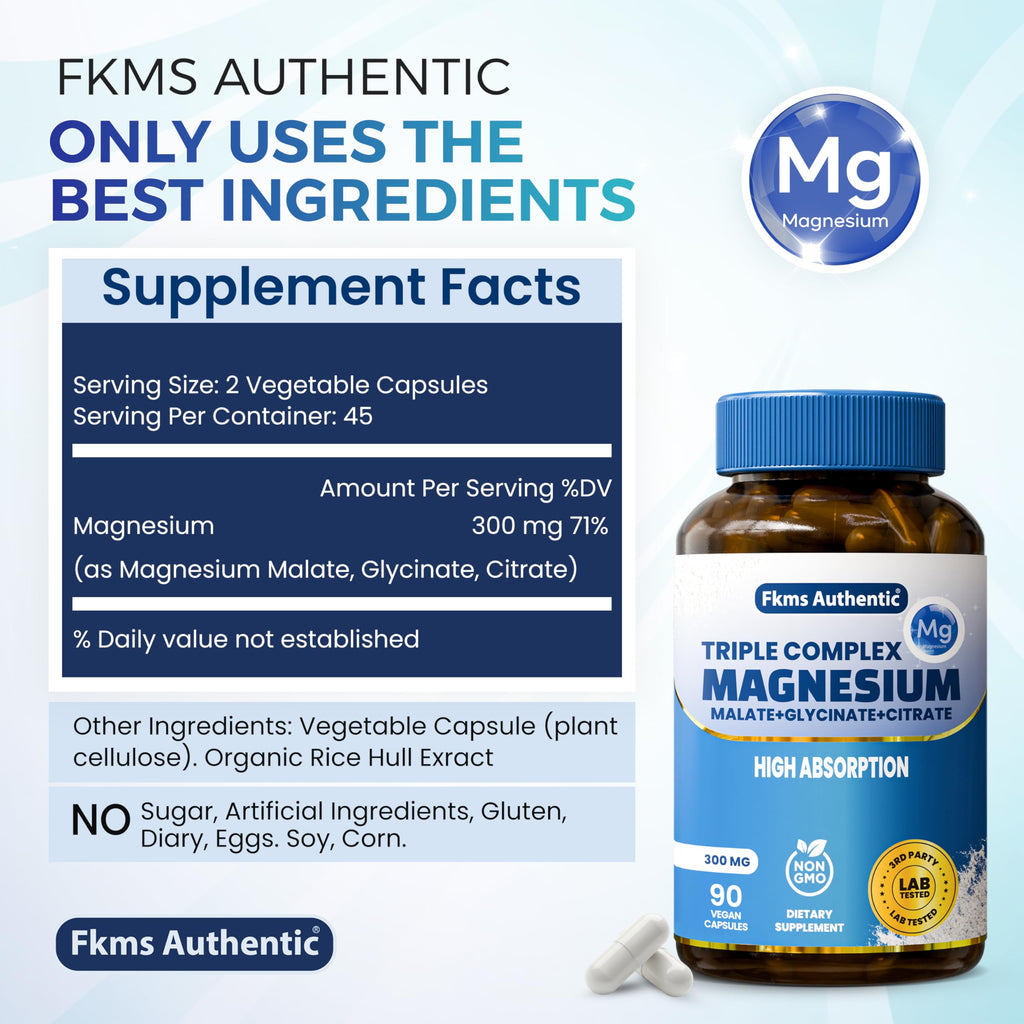 FKMS Authentic Triple Magnesium Complex | 300mg Magnesium Glycinate, Malate & Citrate for Sleep, Stress & Muscle Support | Non-GMO, Vegan, Gentle on Stomach | High Absorption | 90 Capsules FKMS AUTHENTIC buy supplements Au