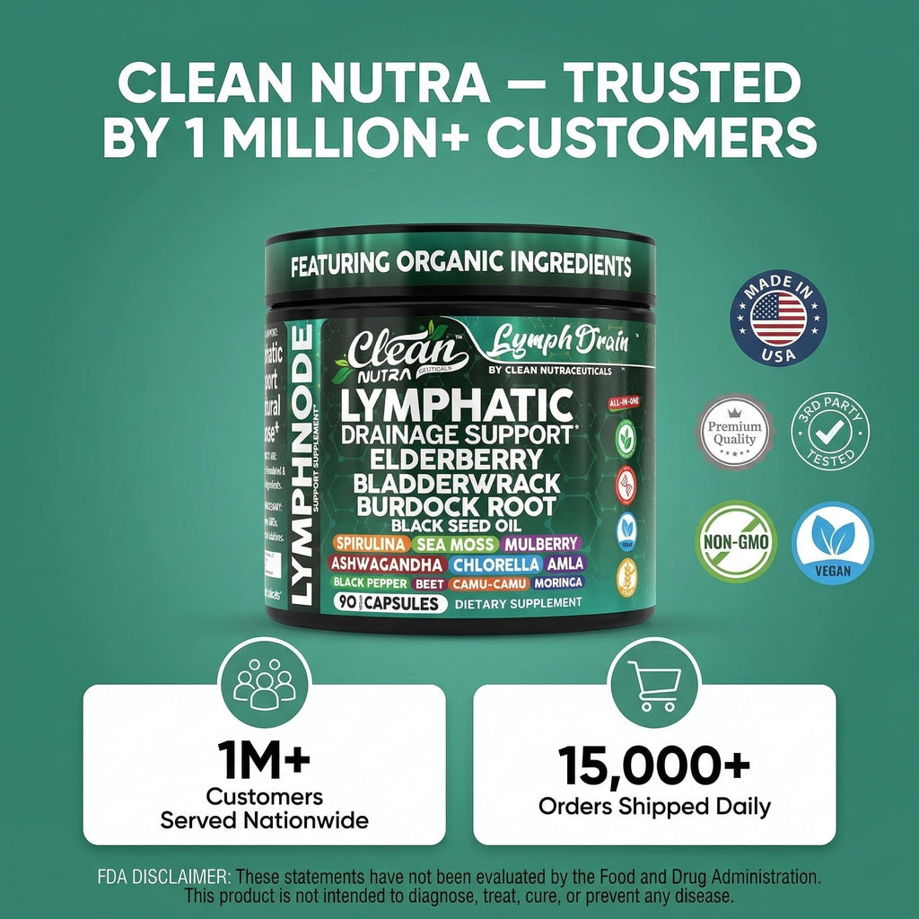 Organic Lymphatic Drainage Supplements | Elderberry Bladderwrack Burdock Root Black Seed Oil Spirulina Sea Moss Ashwagandha Chlorella Amla Beet Moringa Chlorophyll Lymph System Capsules By Clean Nutra Clean Nutraceuticals buy supplements Au