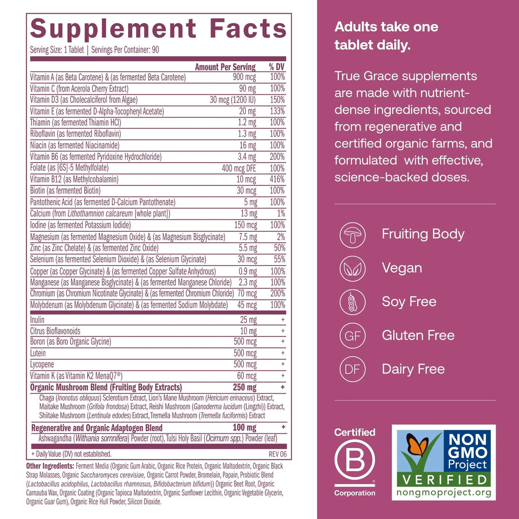 True Grace One Daily Women’s Multivitamin 40+ Fermented Minerals, Organic Adaptogens & Mushrooms Energy, Immune, Bone Support True Grace