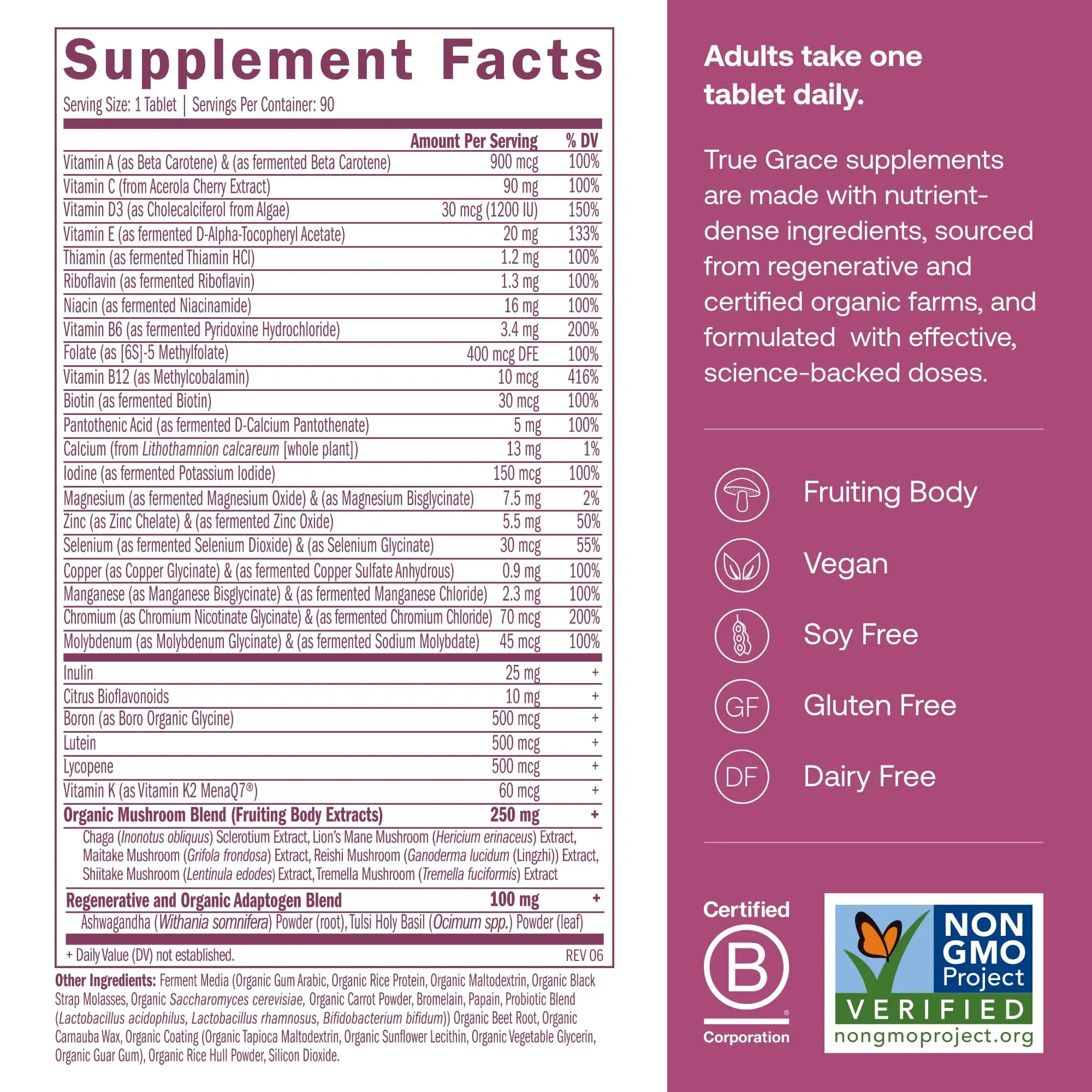 True Grace One Daily Women’s Multivitamin 40+ Fermented Minerals, Organic Adaptogens & Mushrooms Energy, Immune, Bone Support True Grace