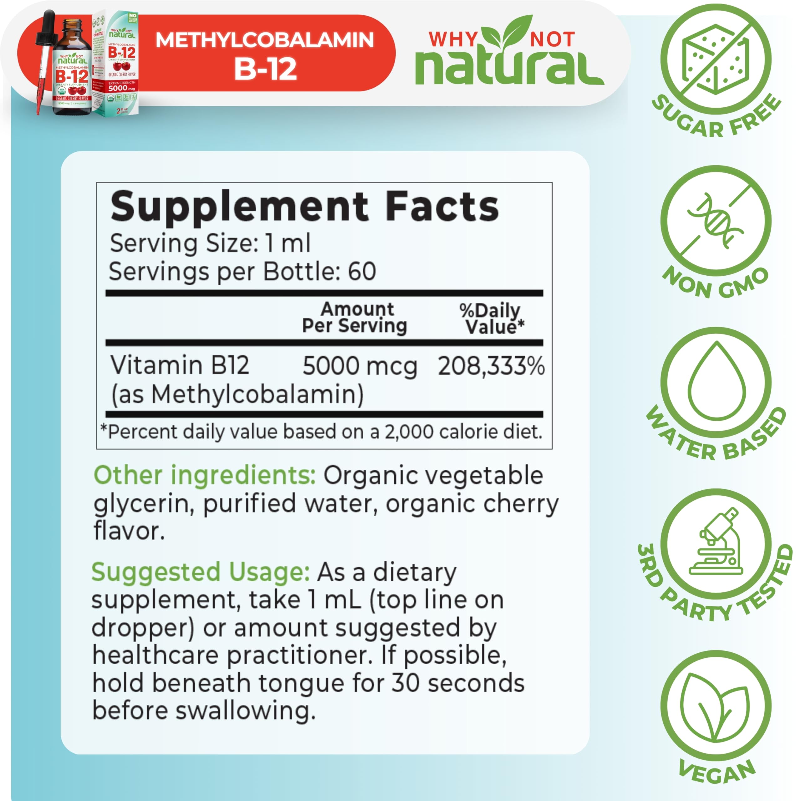 Why Not Natural Organic Vitamin B12 Liquid - Sublingual Extra Strength 60 x 5000 mcg Methylcobalamin Drops, Vegan,