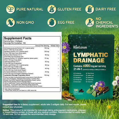 21-in-1 Liposomal Lymphatic Drainage Supplements, 100 Day Supply, 6000mg Lymph System Support for Women & Men with Echinacea, Dandelion, Burdock, Bromelain, Calendula, Turmeric & More, 300 Softgels RiseLuxun buy supplements Au