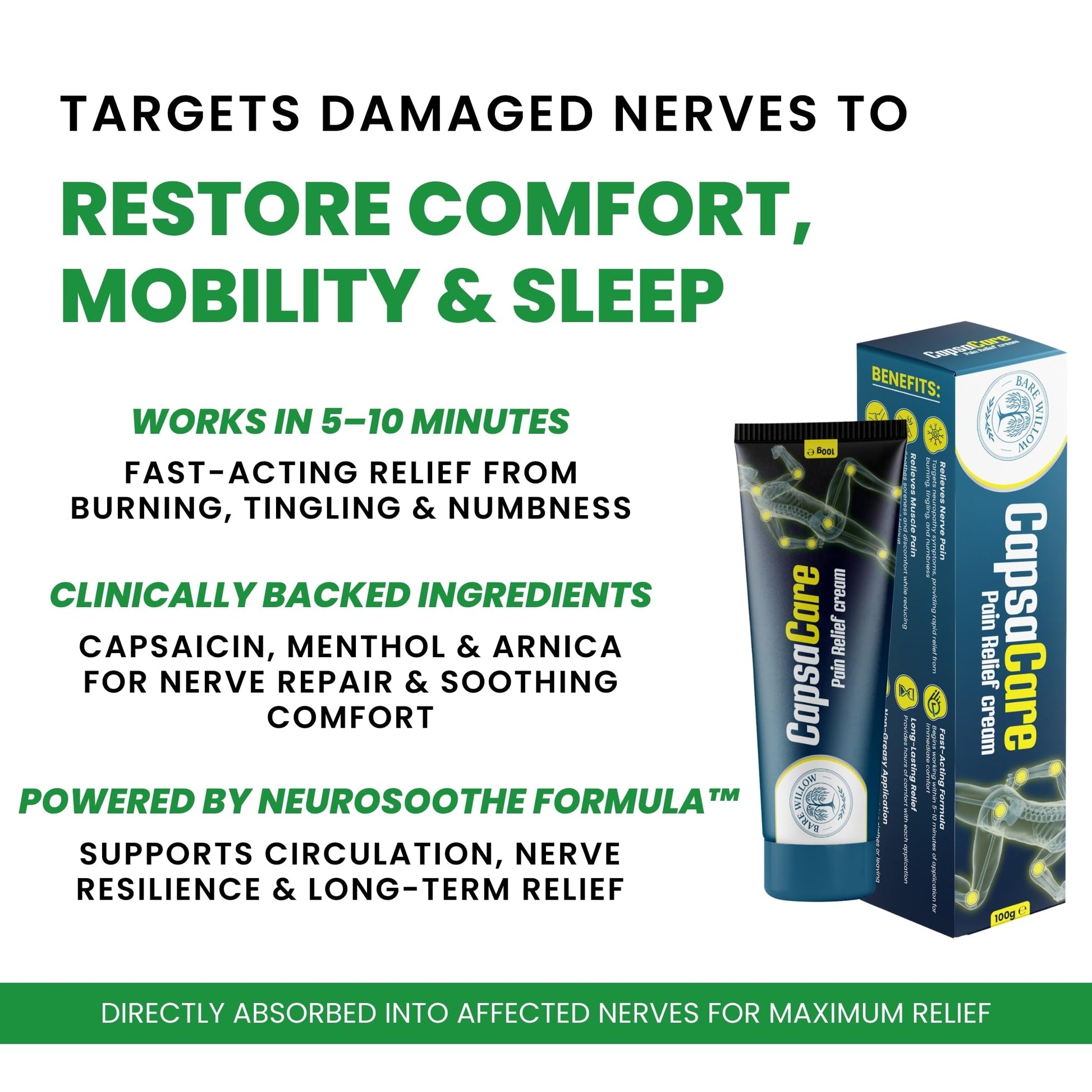 CapsaCare Cream with Capsaicin 0.125% & Magnesium, NeuroSoothe Blend with Arnica, Glucosamine, Menthol & Aloe, Fragrance Free, Non Greasy, Hydrating Topical Skin Cream for Men and Women, 100g (1 Pack) Bare WillowBuy Supplements Australia