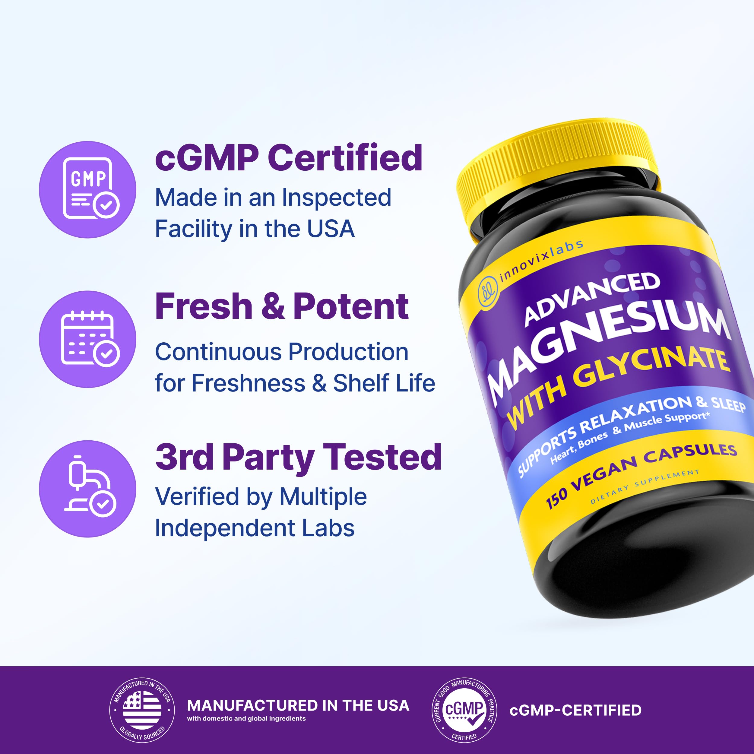 InnovixLabs Advanced Magnesium Capsules - 150 Ct, 210 mg - Chelated Glycinate and Malate - High Absorption, Promotes Relaxation, Bones, Muscle Health