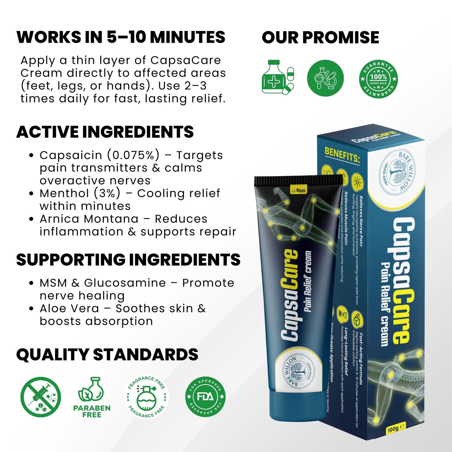 CapsaCare Cream with Capsaicin 0.125% & Magnesium, NeuroSoothe Blend with Arnica, Glucosamine, Menthol & Aloe, Fragrance Free, Non Greasy, Hydrating Topical Skin Cream for Men and Women, 100g (1 Pack) Bare WillowBuy Supplements Australia
