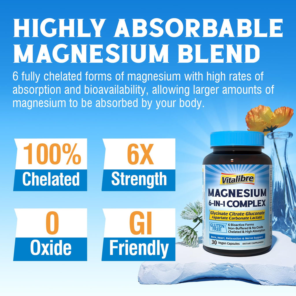 Vitalibre 6 in 1 Magnesium Complex for Women Men, 260mg Elemental Magnesium | Max Absorption | Chelated Magnesium Supplement for Bone, Relaxation & Nerves Support | Non-GMO, 120 Vegan Capsules Vitalibre buy supplements Au
