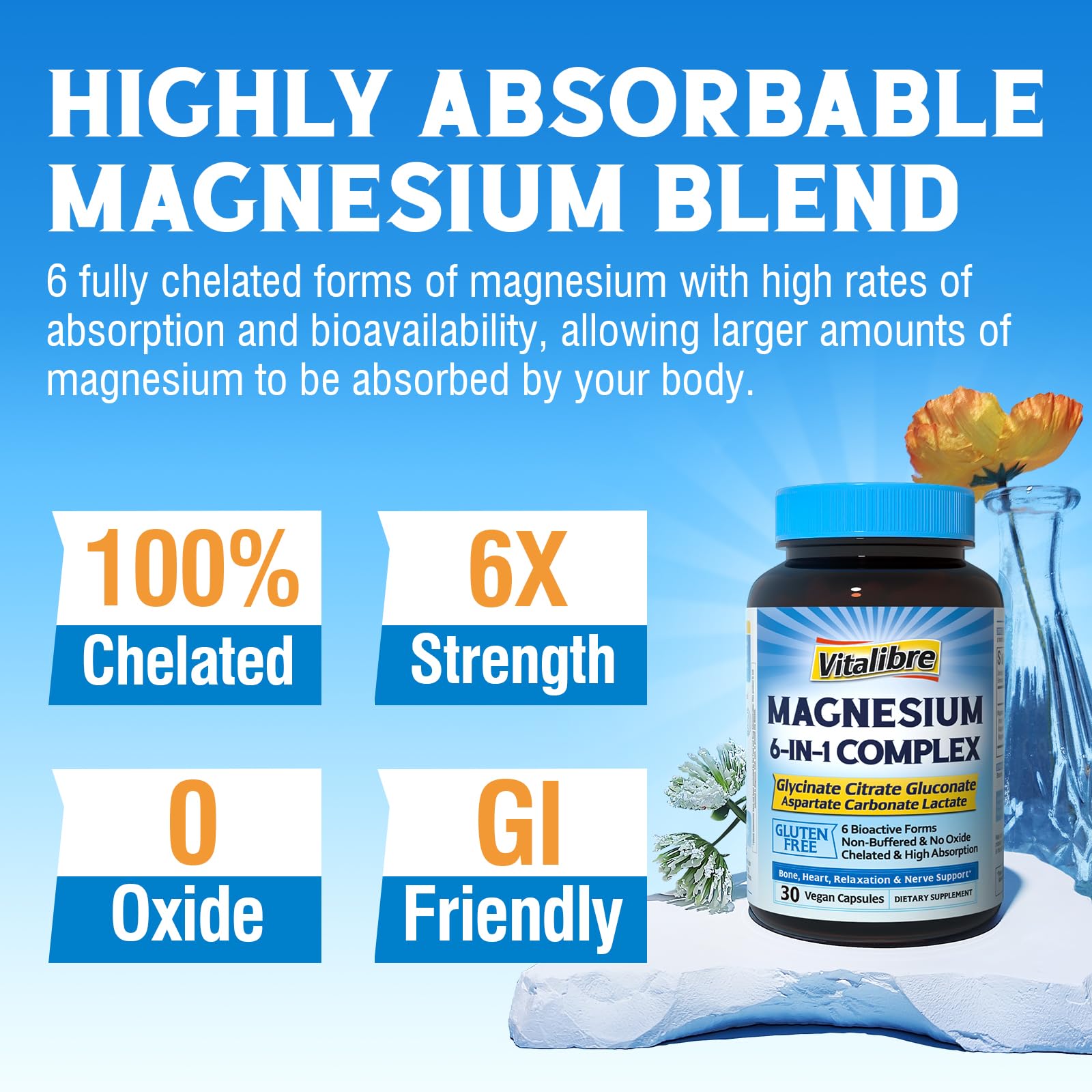 Vitalibre 6 in 1 Magnesium Complex for Women Men, 260mg Elemental Magnesium | Max Absorption | Chelated Magnesium Supplement for Bone, Relaxation & Nerves Support | Non-GMO, 120 Vegan Capsules Vitalibre buy supplements Au