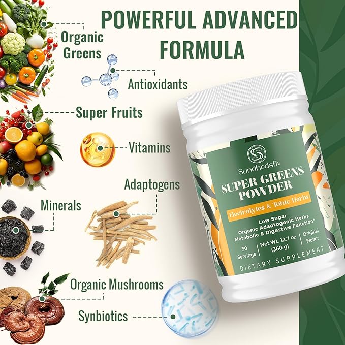 Super Greens Powder Superfood + Electrolytes & Tonic Herbs | Organic Greens, Shilajit, Adaptogens, Antioxidants, Preobiotic & Probiotic & Postbiotic| for Energy, Gut & Immune| Unflavored - 30 Servings Sundhedsliv buy supplements Au