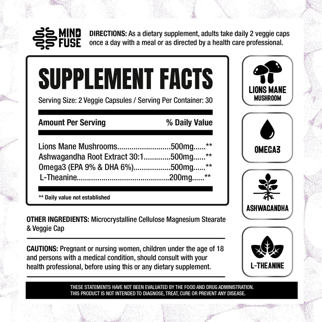 Nootropic Memory Booster Supplement for Adults - Lion’s Mane Capsules with Omega-3, Ashwagandha & L-Theanine for Focus & Memory - Gluten-Free 60 Capsules Mind FuseBuy Supplements Australia