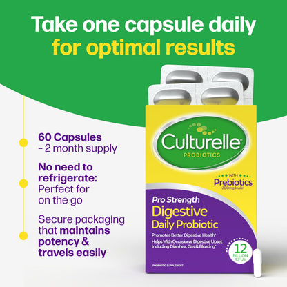 Culturelle Pro Strength Daily Probiotics For Digestive Health (2 Month Supply) with Prebiotics for Women & Men, Supports Occasional Diarrhea