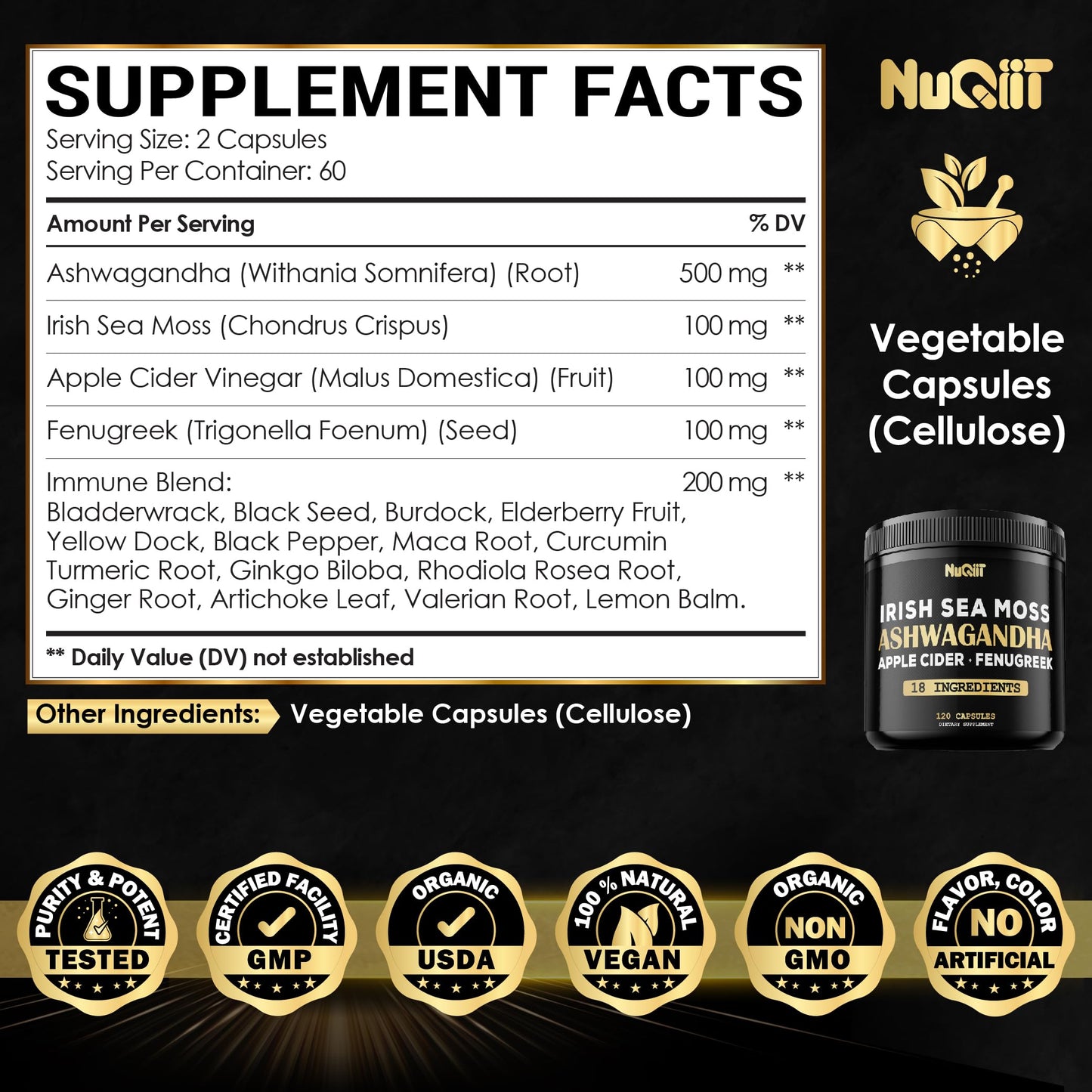 NUQIIT Organic Ashwangdha Capsules 15000mg Irish Sea Moss Apple Cider Vinegar & More - Support Brain Health, Strength & Immune System - 120 Vegan Capsules NUQIIT buy supplements Au