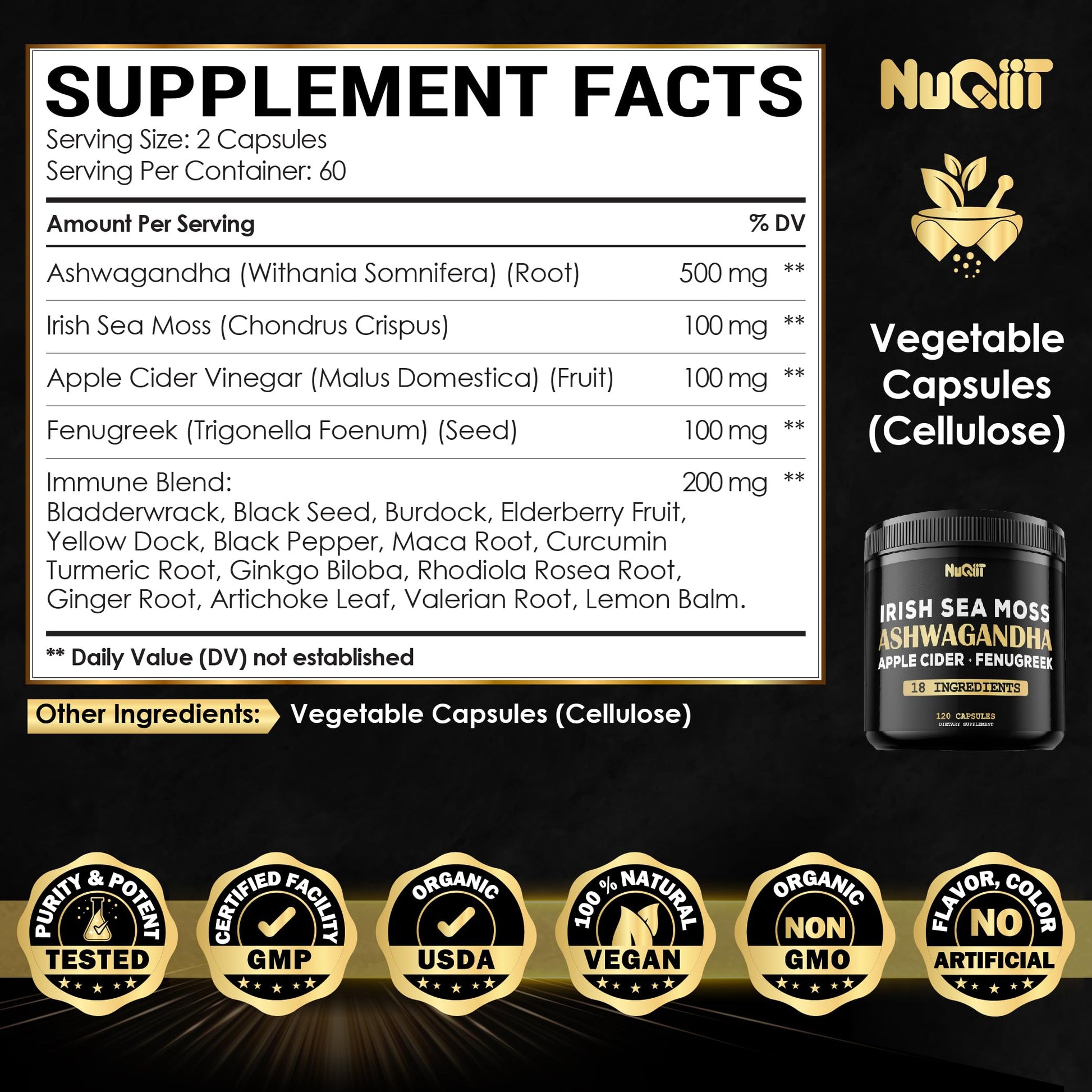 NUQIIT Organic Ashwangdha Capsules 15000mg Irish Sea Moss Apple Cider Vinegar & More - Support Brain Health, Strength & Immune System - 120 Vegan Capsules NUQIIT buy supplements Au