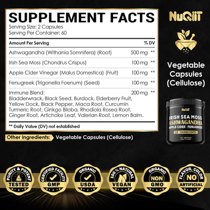 NUQIIT Organic Ashwangdha Capsules 15000mg Irish Sea Moss Apple Cider Vinegar & More - Support Brain Health, Strength & Immune System - 120 Vegan Capsules NUQIIT buy supplements Au