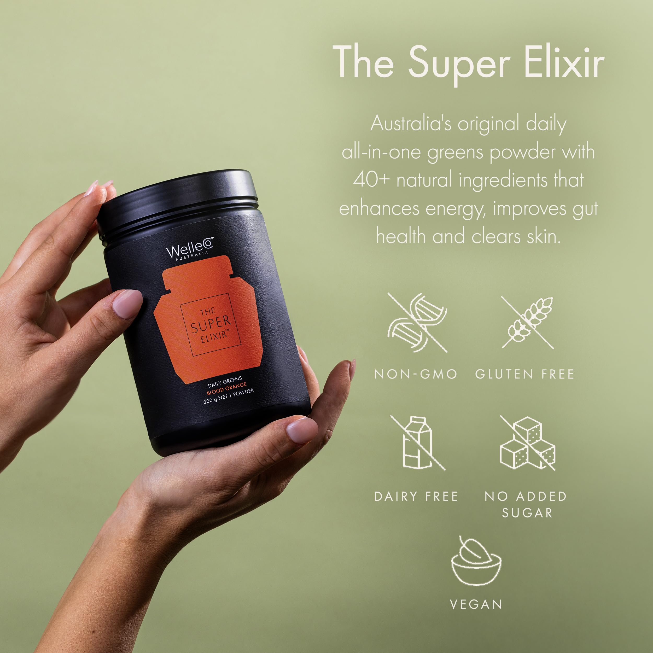 WelleCo The Super Elixir Daily Greens Powder, Probiotic Drink Mix with Whole Foods, Gluten Free, Vegan Gut Health Powder, Energy, Immunity, Healthy Skin, Hair & Nails (Jar, Blood Orange) WelleCoBuy Supplements Australia