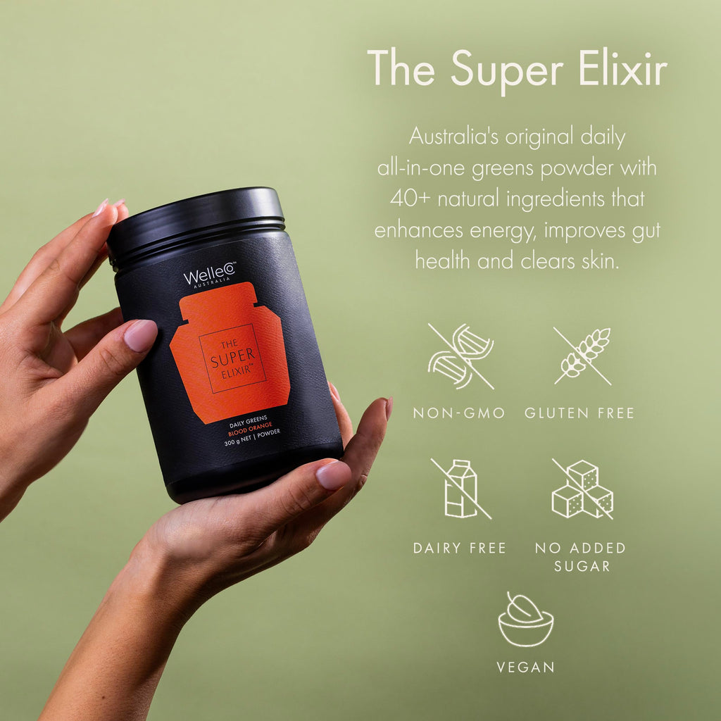 WelleCo The Super Elixir Daily Greens Powder, Probiotic Drink Mix with Whole Foods, Gluten Free, Vegan Gut Health Powder, Energy, Immunity, Healthy Skin, Hair & Nails (Jar, Blood Orange) WelleCo buy supplements Au