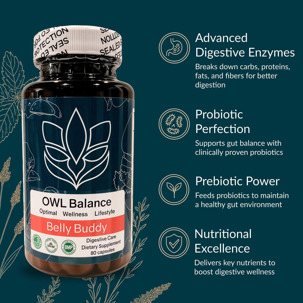 Belly Buddy Advanced Gut Health Support containing a helthy Blend of Probiotics, Prebiotics, and Digestive Enzymes OWL Balance buy supplements Au